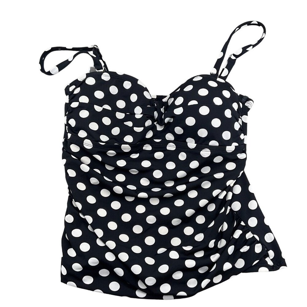 Chaps Tankini Top Women 10 Black White Polka Dot Bandeau Lined Nylon Stretch